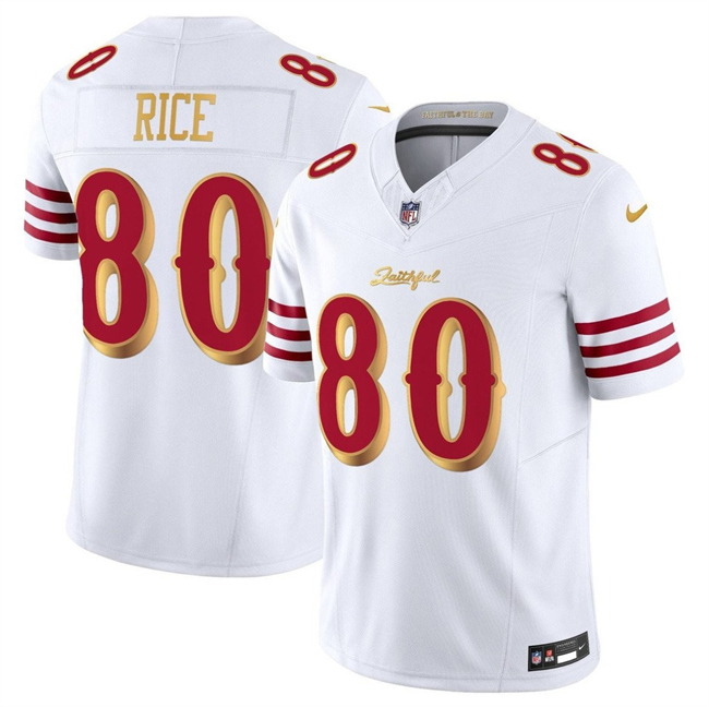 Men's San Francisco 49ers #80 Jerry Rice White Gold 2025 F.U.S.E. “Rivalries” Vapor Limited Stitched Football Jersey