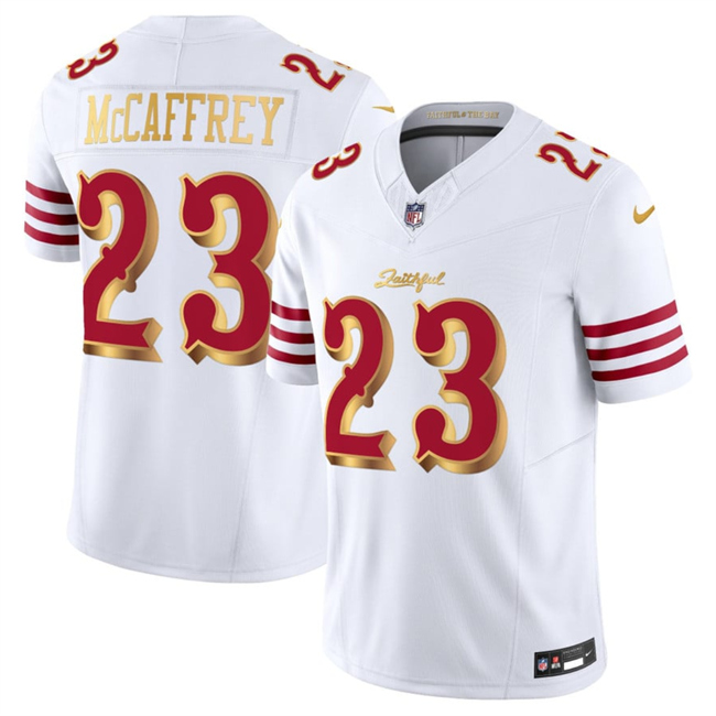 Men's San Francisco 49ers #23 Christian McCaffrey White Gold 2025 F.U.S.E. “Rivalries” Vapor Limited Stitched Football Jersey