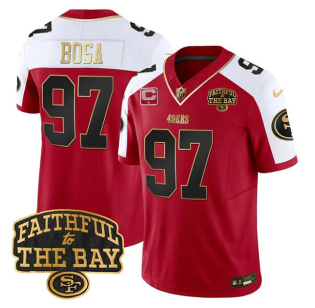 Men's San Francisco 49ers #97 Nick Bosa Red Alternate 2025 F.U.S.E. 1-Star C With Faithful To The Bay Patch Limited V8 Stitched Football Jersey