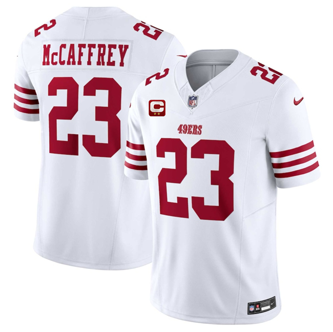Men's San Francisco 49ers #23 Christian McCaffrey White 2025 F.U.S.E. With 2-Star C Patch Vapor Untouchable Limited Stitched Football Jersey