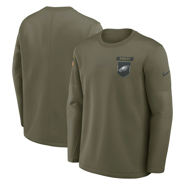 Men's Philadelphia Eagles Olive 2025 Salute To Service Sideline Coaches Therma-FIT Long Sleeve Shirt