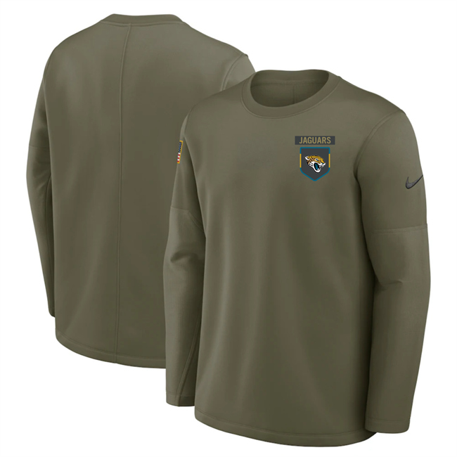 Men's Jacksonville Jaguars Olive 2025 Salute To Service Sideline Coaches Therma-FIT Long Sleeve Shirt