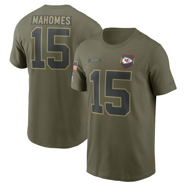 Men's Kansas City Chiefs #15 Patrick Mahomes Olive 2025 Salute To Service Name & Number T-Shirt