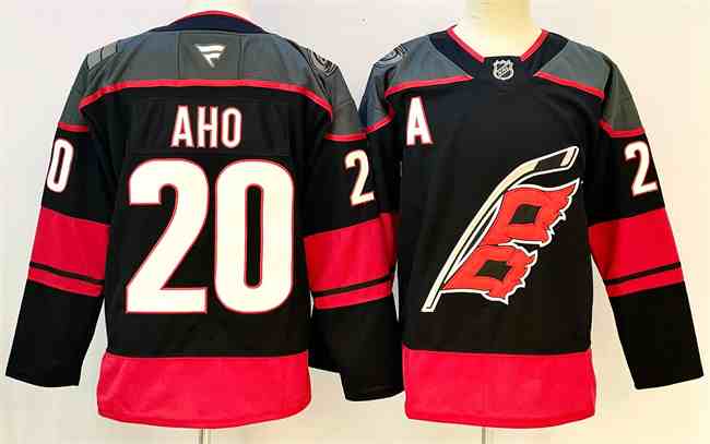 Men's Carolina Hurricanes #20 Sebastian Aho Black 2024-25 With A Patch Home Stitched Hockey Jersey