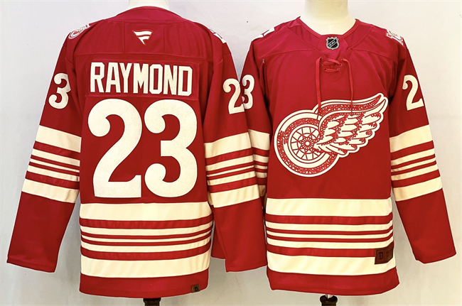 Men's Detroit Red Wings #23 Lucas Raymond Red 2025-26 Centennial Premium Stitched Hockey Jersey