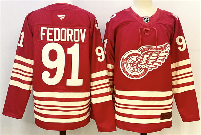 Men's Detroit Red Wings #91 Sergei Fedorov Red 2025-26 Centennial Premium Stitched Hockey Jersey
