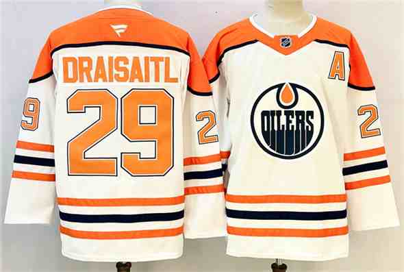 Men's Edmonton Oilers #29 Leon Draisaitl White Orange 2024-25 With A Patch Stitched Jersey