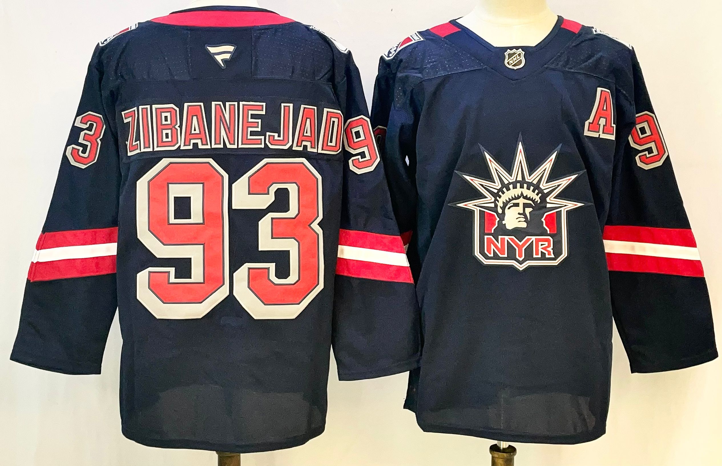 Men's New York Rangers #93 Mika Zibanejad Navy With A Patch 2024-25 Away Stitched Hockey Jersey