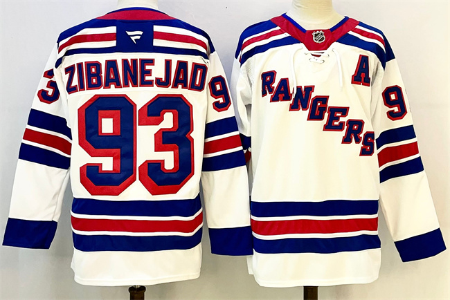 Men's New York Rangers #93 Mika Zibanejad White With A Patch 2024-25 Away Stitched Hockey Jersey