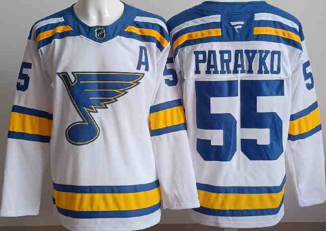 Men's St. Louis Blues #55 Colton Parayko White 2025 With A Patch Stitched Hockey Jersey