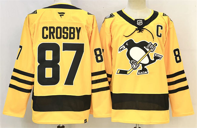 Men's Pittsburgh Penguins #87 Sidney Crosby Gold With C Patch Alternate Stitched Hockey Jersey