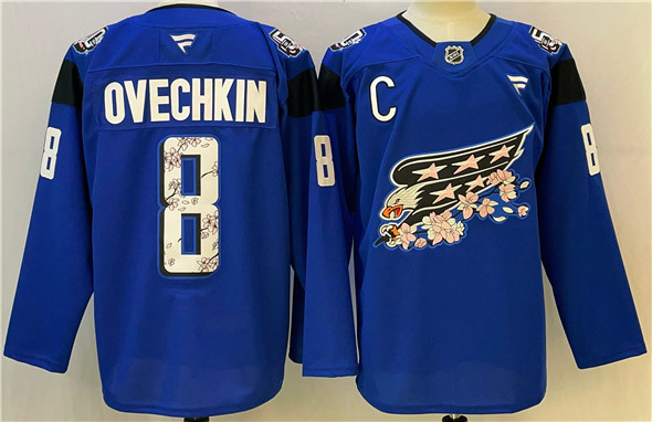 Men's Washington Capitals #8 Alex Ovechkin Blue Cherry Blossom With C Patch Stitched Hockey Jersey