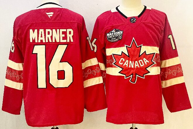 Men's Canada #16 Mitchell Marner Red 2025 4 Nations Face-Off Premium Stitched Jersey