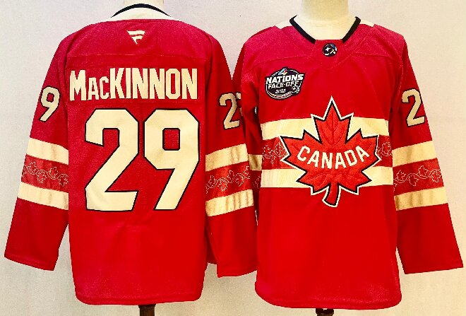 Men's Canada #29 Nathan MacKinnon Red 2025 4 Nations Face-Off Premium Stitched Jersey