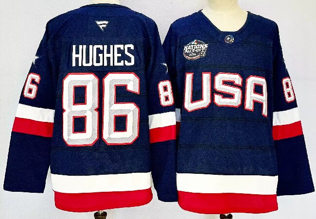 Men's USA #86 Jack Hughes Navy 2025 With C Patch 4 Nations Face-Off Stitched Jersey