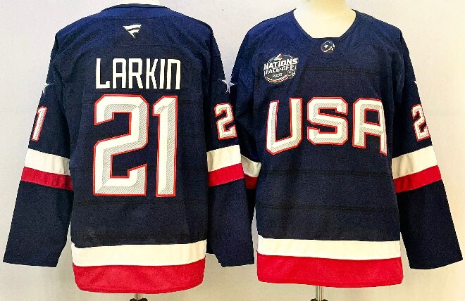 Men's USA #21 Dylan Larkin Navy 2025 4 Nations Face-Off Stitched Jersey