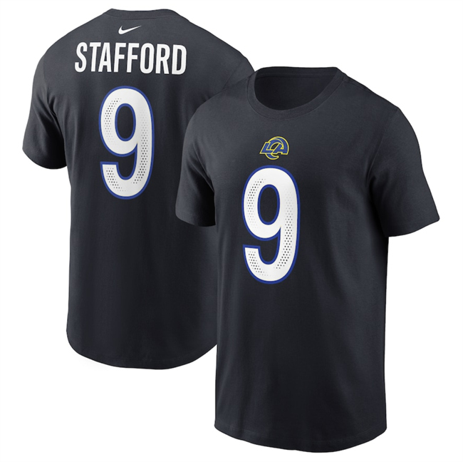 Men's Los Angeles Rams #9 Matthew Stafford Black 2025 Rivalries Collection Player Name & Number T-Shirt