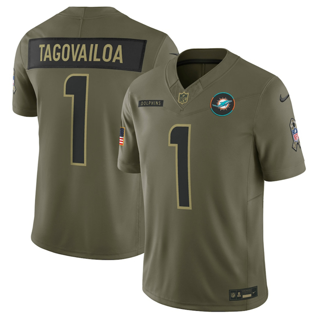 Men's Miami Dolphins #1 Tua Tagovailo Olive 2025 F.U.S.E. Salute To Service Limited Stitched Football Jersey