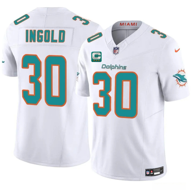 Men's Miami Dolphins #30 Alec Ingold White 2025 F.U.S.E. With 3-Star C Patch Vapor Limited Stitched Football Jersey