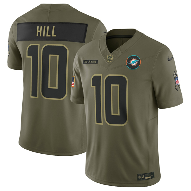 Men's Miami Dolphins #10 Tyreek Hill Olive 2025 F.U.S.E. Salute To Service Limited Stitched Football Jersey
