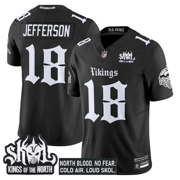 Men's Minnesota Vikings #18 Justin Jefferson Black 2025 F.U.S.E. Kings Of The North Patch 'Gothic Norseblood Edition' Vapor Untouchable Limited Stitched Football Jersey