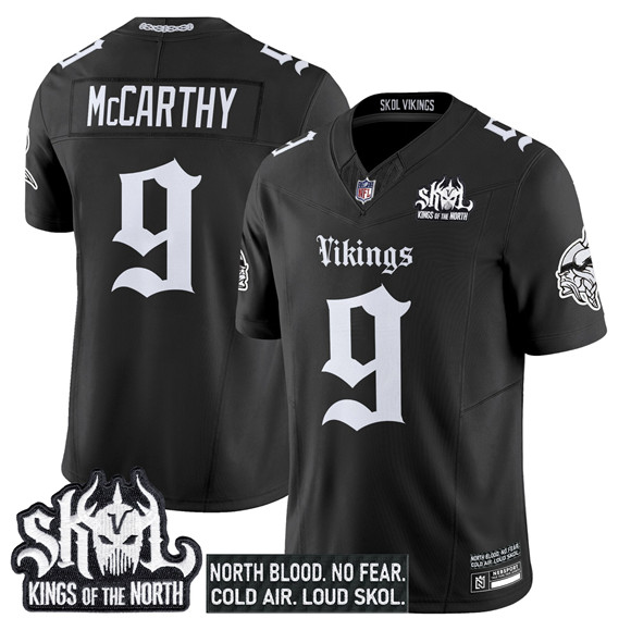 Men's Minnesota Vikings #9 J.J. McCarthy Black 2025 F.U.S.E. Kings Of The North Patch 'Gothic Norseblood Edition' Vapor Untouchable Limited Stitched Football Jersey