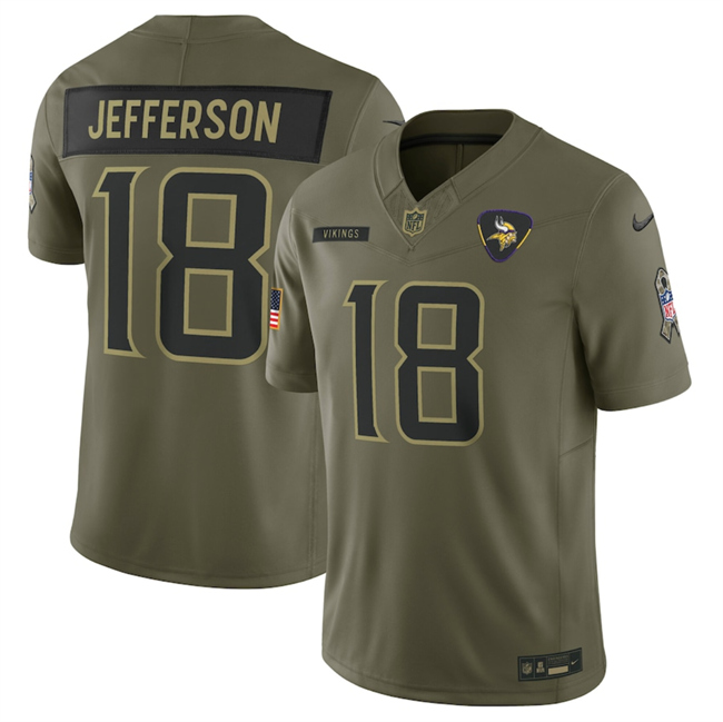 Men's Minnesota Vikings #18 Justin Jefferson Olive 2025 F.U.S.E. Salute To Service Limited Stitched Football Jersey