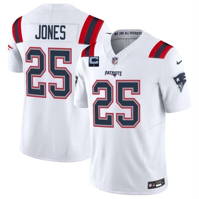 Men's New England Patriots #25 Marcus Jones White 2025 F.U.S.E. With 1-Star C Patch Vapor Limited Stitched Football Jersey