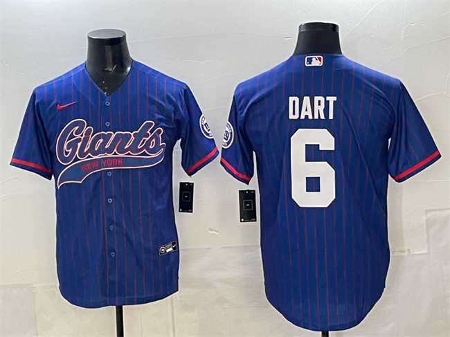 Men's New York Giants #6 Jaxson Dart Royal Pinstripe With Patch Cool Base Stitched Baseball Jersey