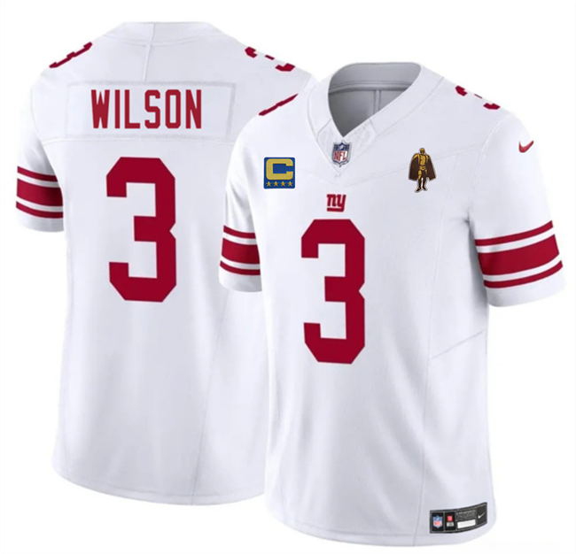 Men's New York Giants #3 Russell Wilson White 2025 F.U.S.E. With 4-Star C Patch And Walter Payton Patch Vapor Untouchable Limited Stitched Jersey