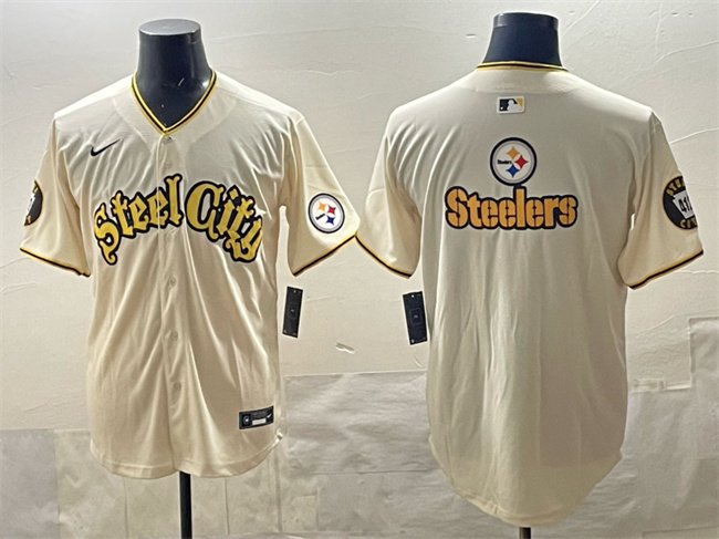 Men's Pittsburgh Steelers Team Big Logo Cream 412 Patch Vapor Premier Limited Stitched Baseball Jersey