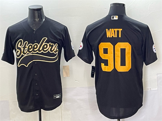 Men's Pittsburgh Steelers #90 T.J. Watt Black Cool Base Stitched Baseball Jersey