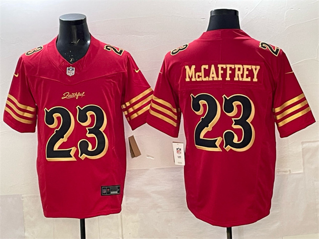 Men's San Francisco 49ers #23 Christian McCaffrey Red Gold 2025 F.U.S.E. “Rivalries” Vapor Limited Stitched Football Jersey