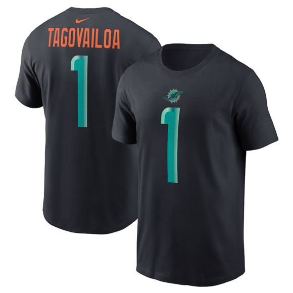 Men's Miami Dolphins #1 Tua Tagovailoa Black 2025 Rivalries Collection Player Name & Number T-Shirt