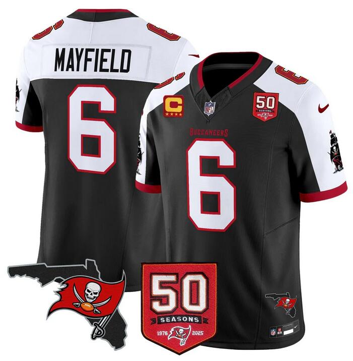 Men's Tampa Bay Buccaneers #6 Baker Mayfield Black Alternate F.U.S.E. 50th Season & 4-Star C Patch Vapor Limited Stitched Football Jersey