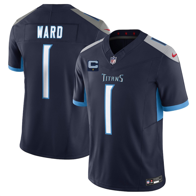 Men's Tennessee Titans #1 Cameron Ward Navy 2025 F.U.S.E. With 1-Star C Patch Vapor Limited Stitched Football Jersey