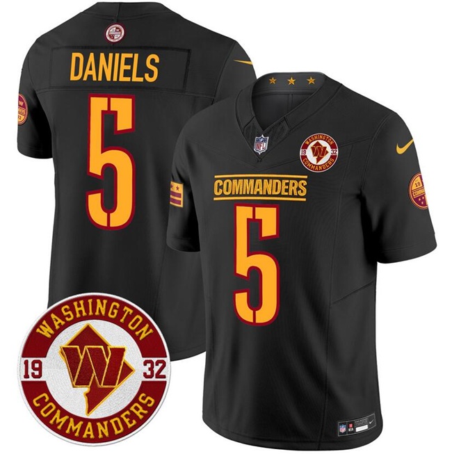 Men's Washington Commanders #5 Jayden Daniels Black F.U.S.E. Est. 1932 Patch Vapor Limited Stitched Football Jersey