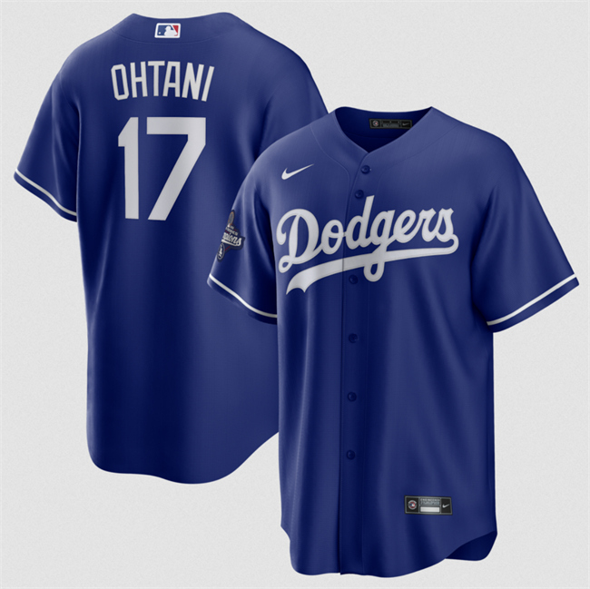 Men's Los Angeles Dodgers #17 Shohei Ohtani Blue 2025 World Series Champions Patch Cool Base Stitched Baseball Jersey