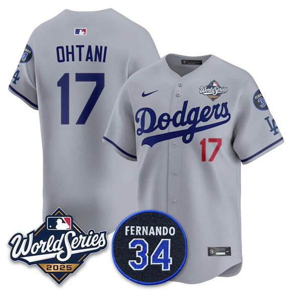 Men's Los Angeles Dodgers #17 Shohei Ohtani Grey 2025 World Series With No.34 Patch Limited Stitched Baseball Jersey