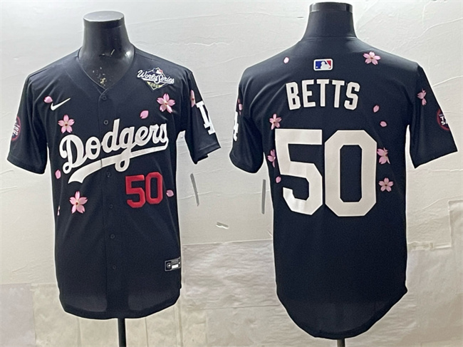 Men's Los Angeles Dodgers #50 Mookie Betts Black 2025 World Series Patch Tokyo Series Limited Stitched Baseball Jersey