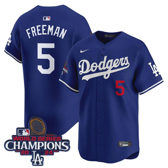 Men's Los Angeles Dodgers #5 Freddie Freeman Royal 2024 World Series Champions Patch Limited Stitched Baseball Jersey