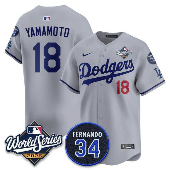 Men's Los Angeles Dodgers #18 Yoshinobu Yamamoto Grey 2025 World Series With No.34 Patch Limited Stitched Baseball Jersey
