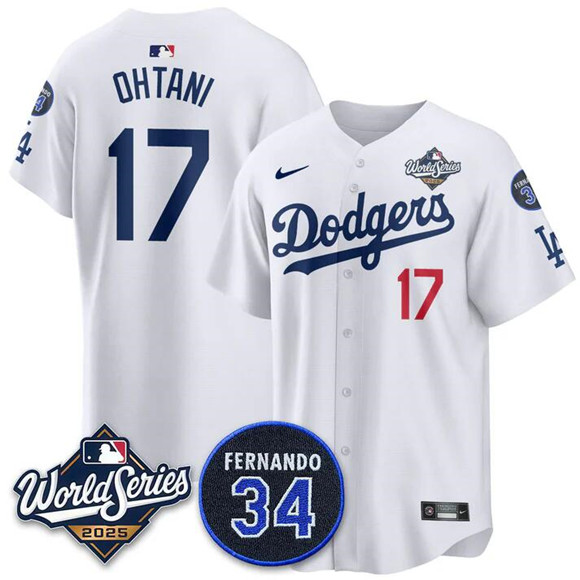 Men's Los Angeles Dodgers #17 Shohei Ohtani White 2025 World Series With No.34 Patch Home Limited Stitched Baseball Jersey