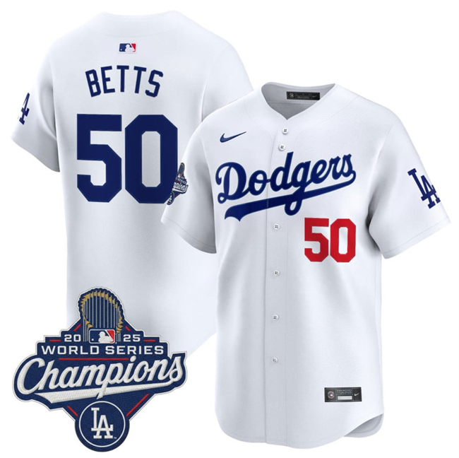 Men's Los Angeles Dodgers #50 Mookie Betts White 2025 World Series Champions Patch Home Limited Stitched Baseball Jersey