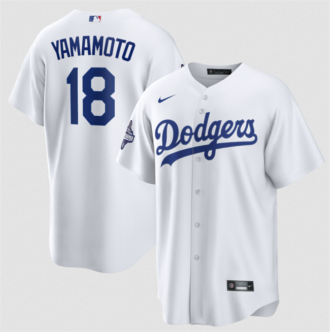 Men's Los Angeles Dodgers #18 Yoshinobu Yamamoto White 2025 World Series Champions Patch Cool Base Stitched Baseball Jersey