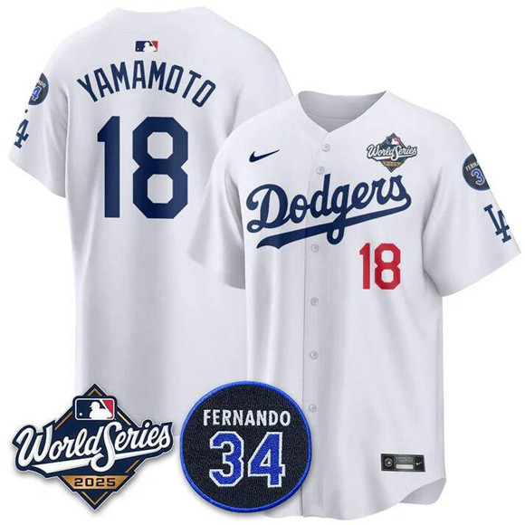 Men's Los Angeles Dodgers #18 Yoshinobu Yamamoto White 2025 World Series With No.34 Patch Home Limited Stitched Baseball Jersey