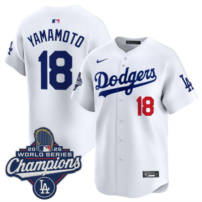 Men's Los Angeles Dodgers #18 Yoshinobu Yamamoto White 2025 World Series Champions Patch Home Limited Stitched Baseball Jersey
