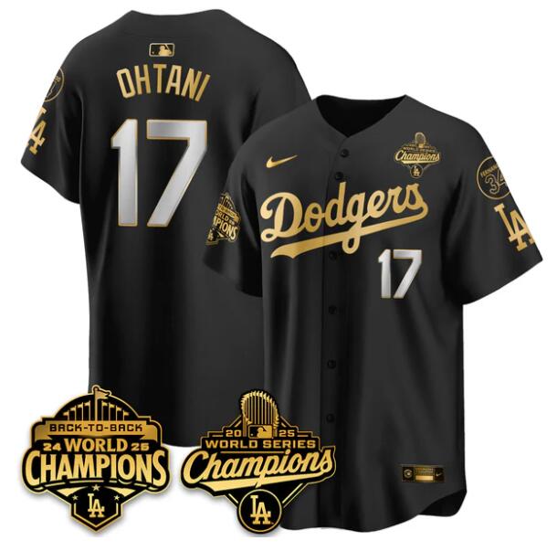 Men's Los Angeles Dodgers #17 Shohei Ohtani Black Gold 2025 World Series Champions Back To Back With No.34 Patch Limited Stitched Baseball Jersey