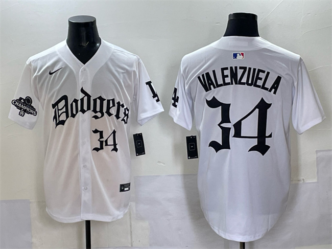 Men's Los Angeles Dodgers #34 Fernando Valenzuela White 2025 LA Gothic Style With 2024 World Series Champions Patch Vapor Premier Limited Stitched Baseball Jersey