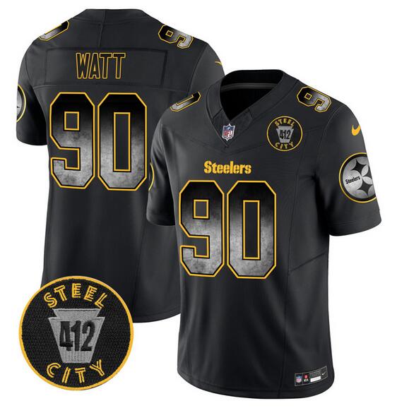 Men's Pittsburgh Steelers #90 T.J. Watt Black F.U.S.E. Arch Smoke 412 Patch Vapor Limited Stitched Football Jersey